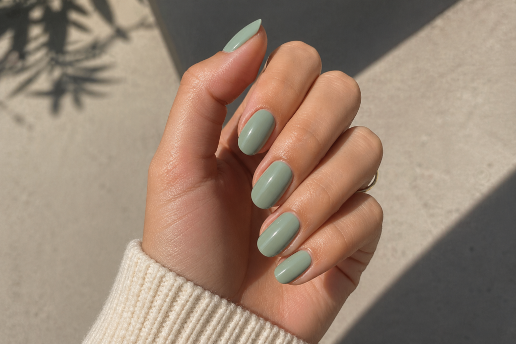 Close-up of glossy sage green nails in natural sunlight with a soft minimalist manicure aesthetic and cosy knit sleeve.