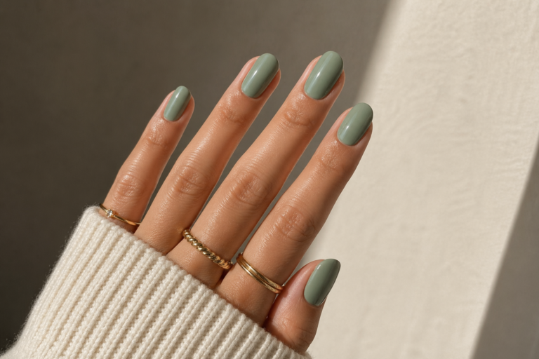 Close-up of glossy sage green nails with gold rings and a cosy cream knit sleeve in soft natural sunlight.