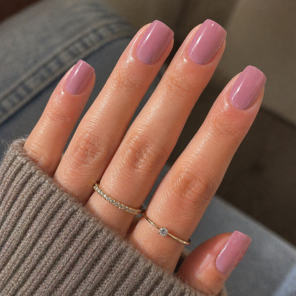 Close-up of glossy soft pink square-shaped nails with gold rings and a cosy knitted sleeve in warm natural lighting.