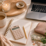 Cosy feminine budgeting workspace with laptop and notebook