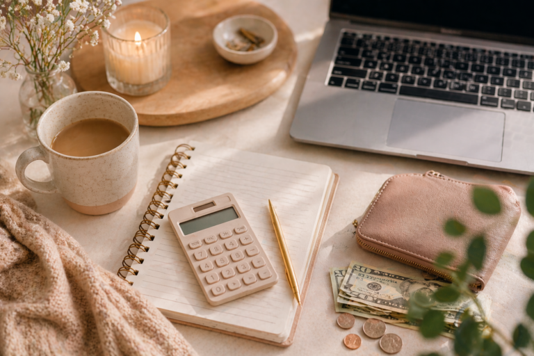 Cosy feminine budgeting workspace with laptop and notebook