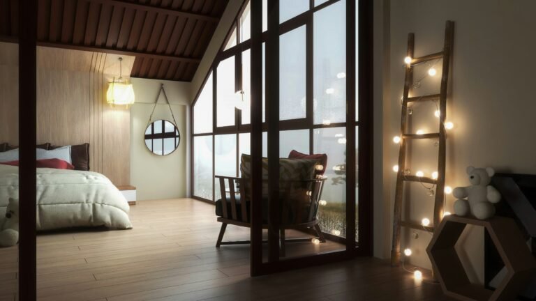 Cosy neutral bedroom with warm ambient lighting