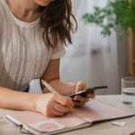 Woman planning her finances in a calm and cosy home setting