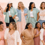 Plus size spring outfits collage featuring diverse women in floral dresses, linen sets, lounge wear, denim layers and casual everyday looks in soft pastel tones