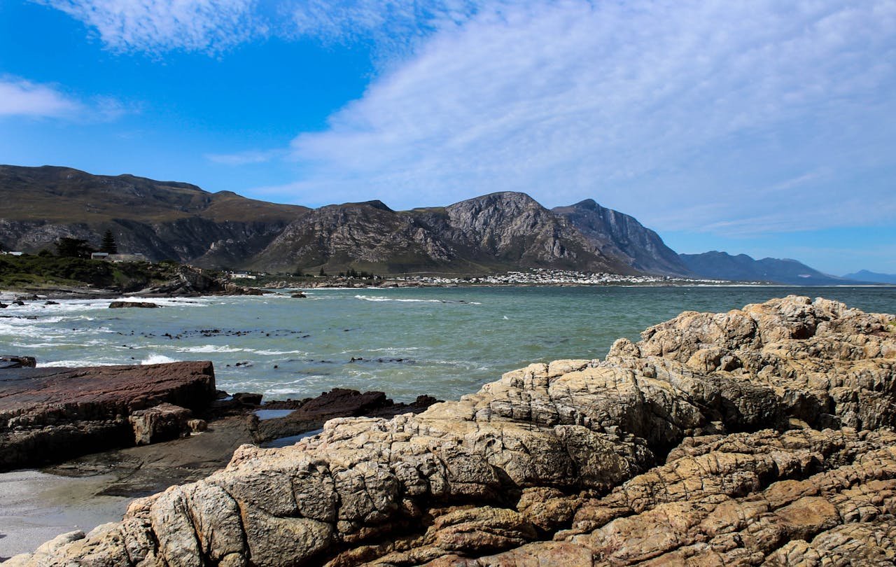 Panoramic view of the Hermanus coastline and ocean cliffs along the Western Cape