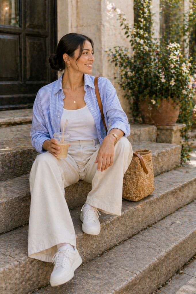 Woman sitting on outdoor stone steps wearing relaxed cream trousers, a white tank top, an oversized blue striped shirt, and white trainers while holding an iced coffee in a sunny spring setting.