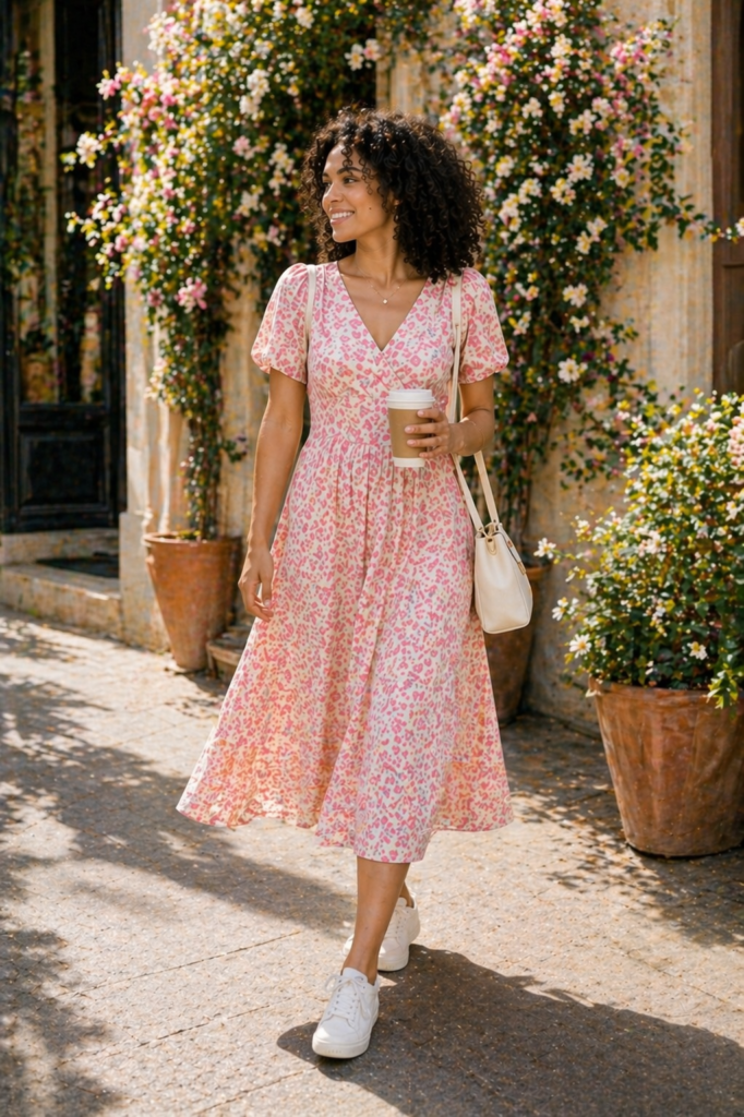 Woman wearing a pink floral midi dress with white trainers while walking outdoors with a coffee in a bright spring street setting surrounded by flowers.