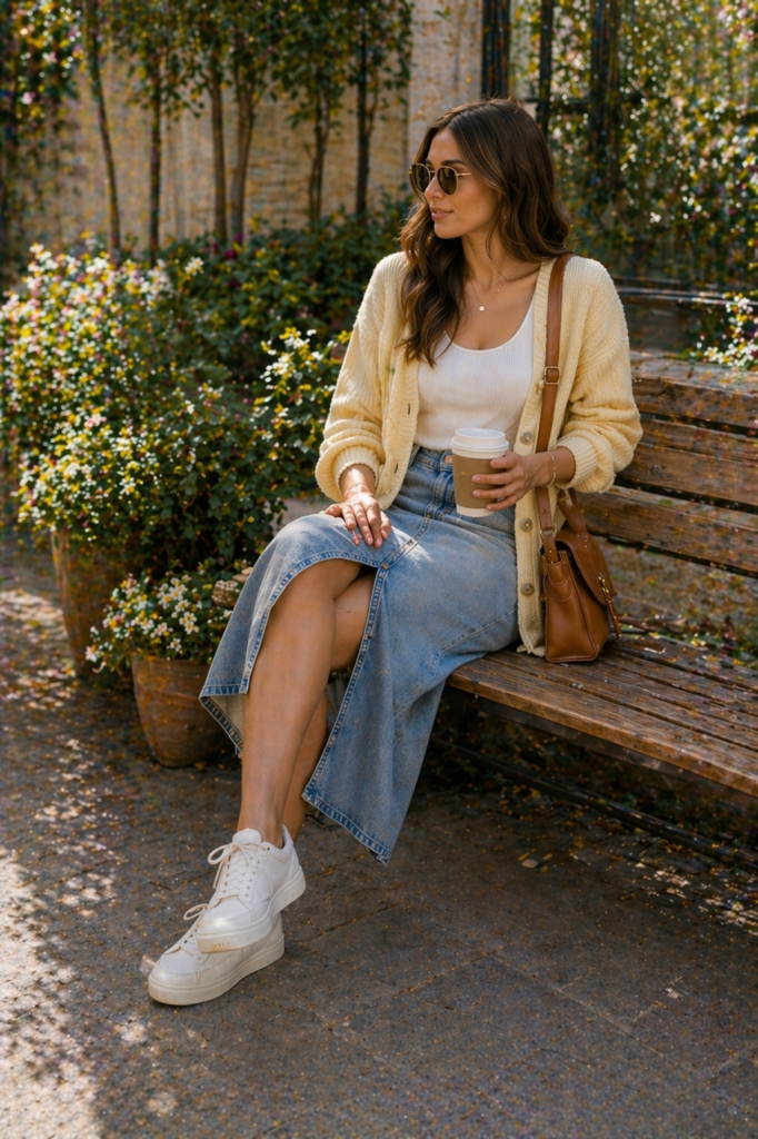 Woman wearing a ribbed cream top with a denim midi skirt, oversized cardigan, and white trainers while sitting on a wooden bench in a sunny spring garden setting.