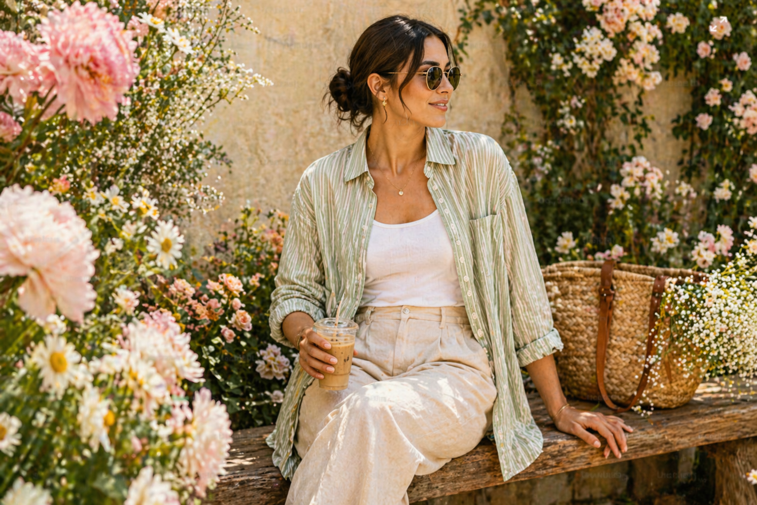 Woman wearing relaxed cream trousers, a white tank top, and a striped oversized shirt while sitting on a wooden bench surrounded by soft spring flowers and greenery outdoors.